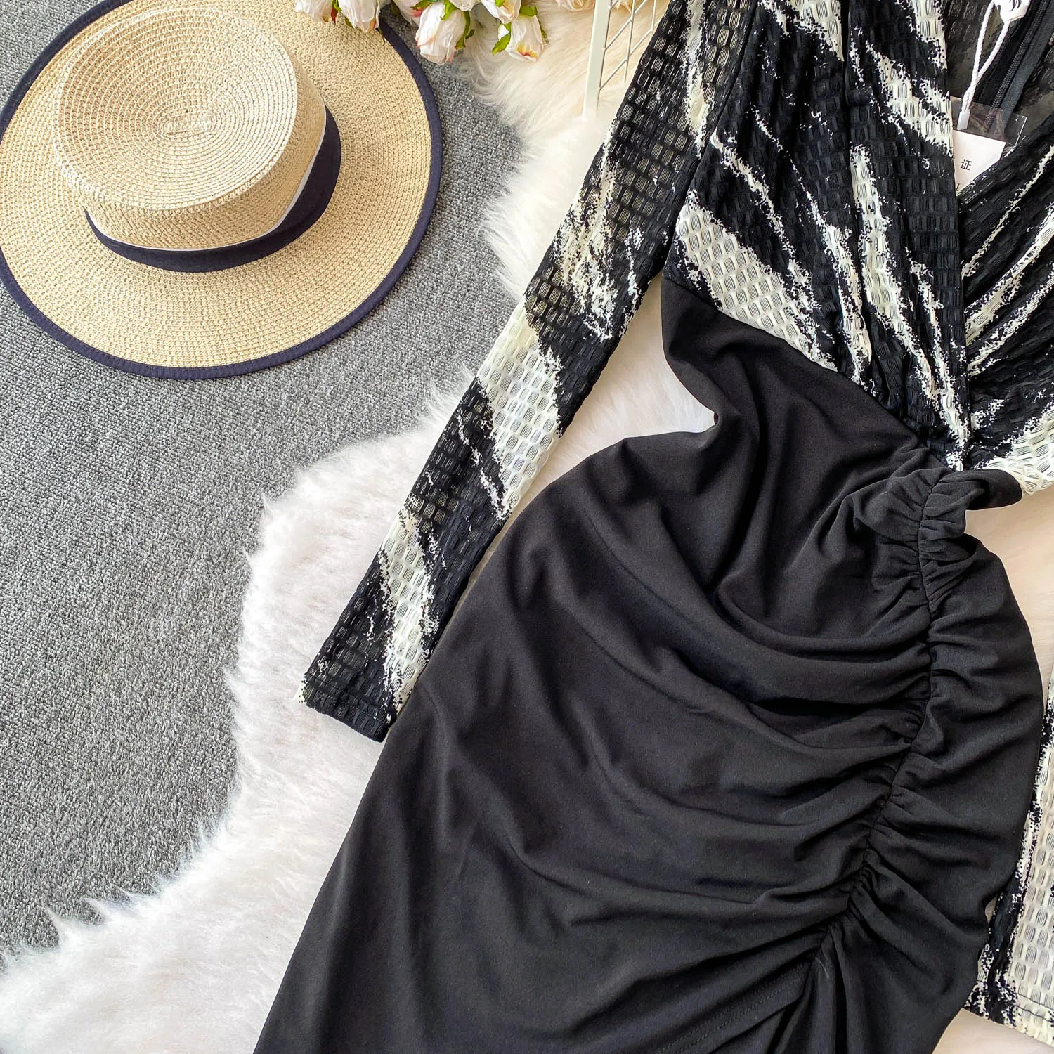 Chic vintage sexy scollo a V Draw String stampa manica lunga slim Elegante Fata moda coreana Boho Sundress abbigliamento donna