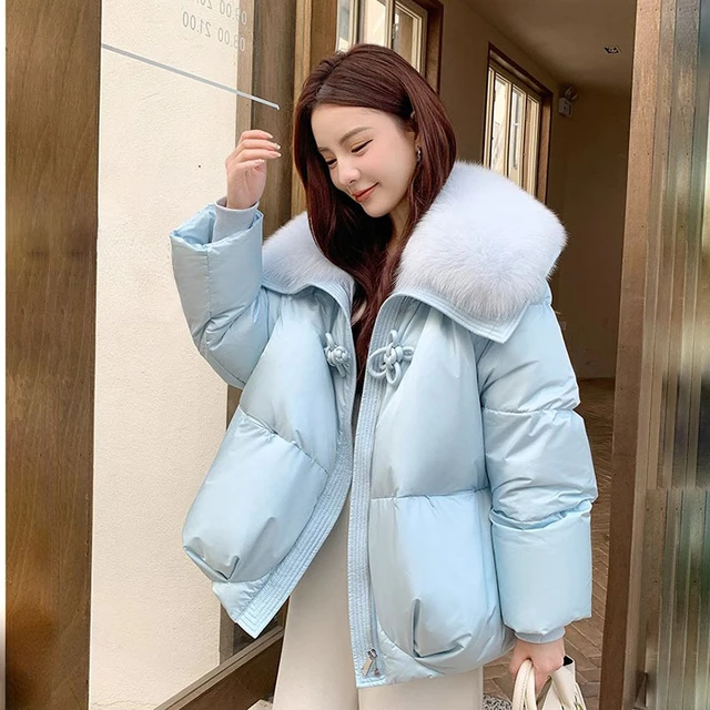 2023 Winter Women White Goose Feather Down Jacket Chinese Knot Button Real Natural Fox Fur Collar Coat Warm Fashion New AliExpress