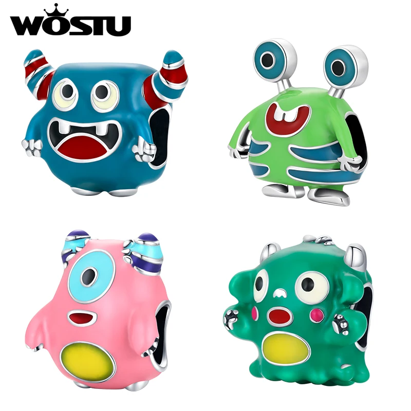 

WOSTU Genuine 925 Sterling Silver Enamel Cute Monster Beads Charms Pendants Fit Original Bracelets Women DIY Fine Jewelry Gift