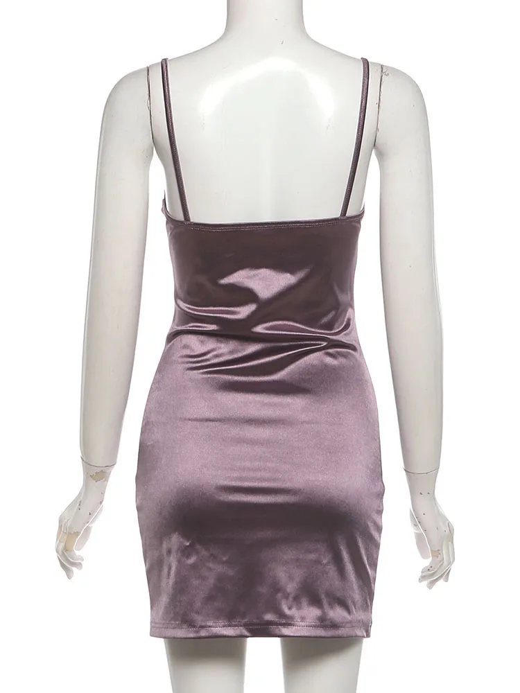 Weird Puss Kleid mit tiefem Ausschnitt für Damen, Falten, schmal geschnitten, ärmellos, hohe Elastizität, schmal, sexy, einfarbig, modisch, für Mitternachtspartys, Mini-Bodycon – Detail 5