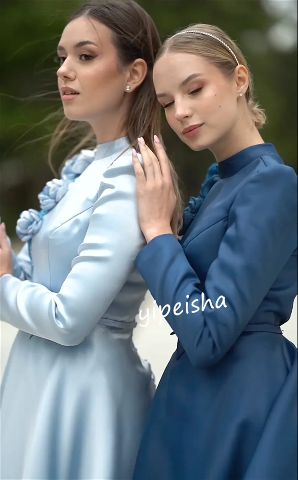 Vestido Midi de satén con flores para mujer, traje de compromiso, línea A, cuello alto, a medida