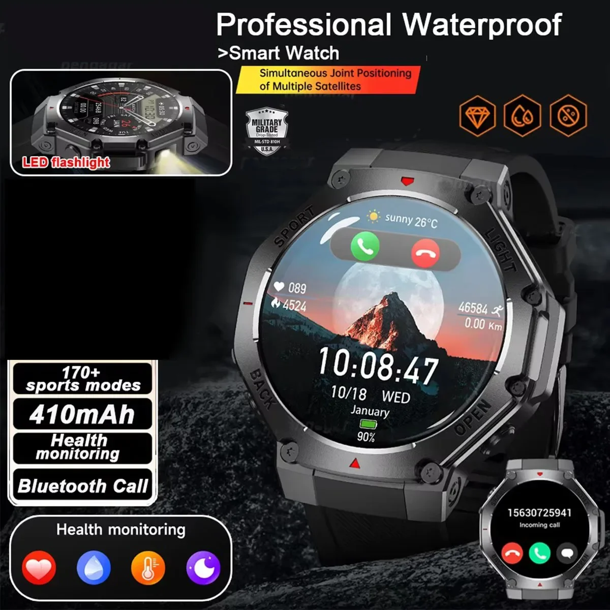 

Женские умные часы 5.0 с Bluetooth, беспроводными звонками, фонариком, монитором сердечного ритма, функцией контроля здоровья и множеством спортивных режимов