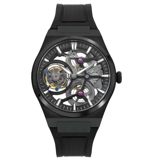 CRONUSART Men Tourbillon Watch 41mm Titanium Case Mechanical Wristwatch Sapphire Mirror Luminous Skeleton Dial FKM Strap