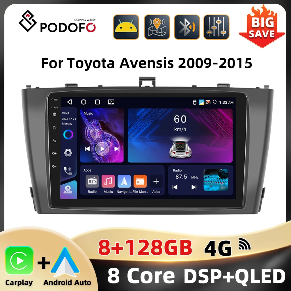 Podofo 2Din 8Core Car Radio For Toyota Avensis 2009-2015 Multimedia Player Carplay Android Car GPS Navigation DSP 9 ''Car Audio