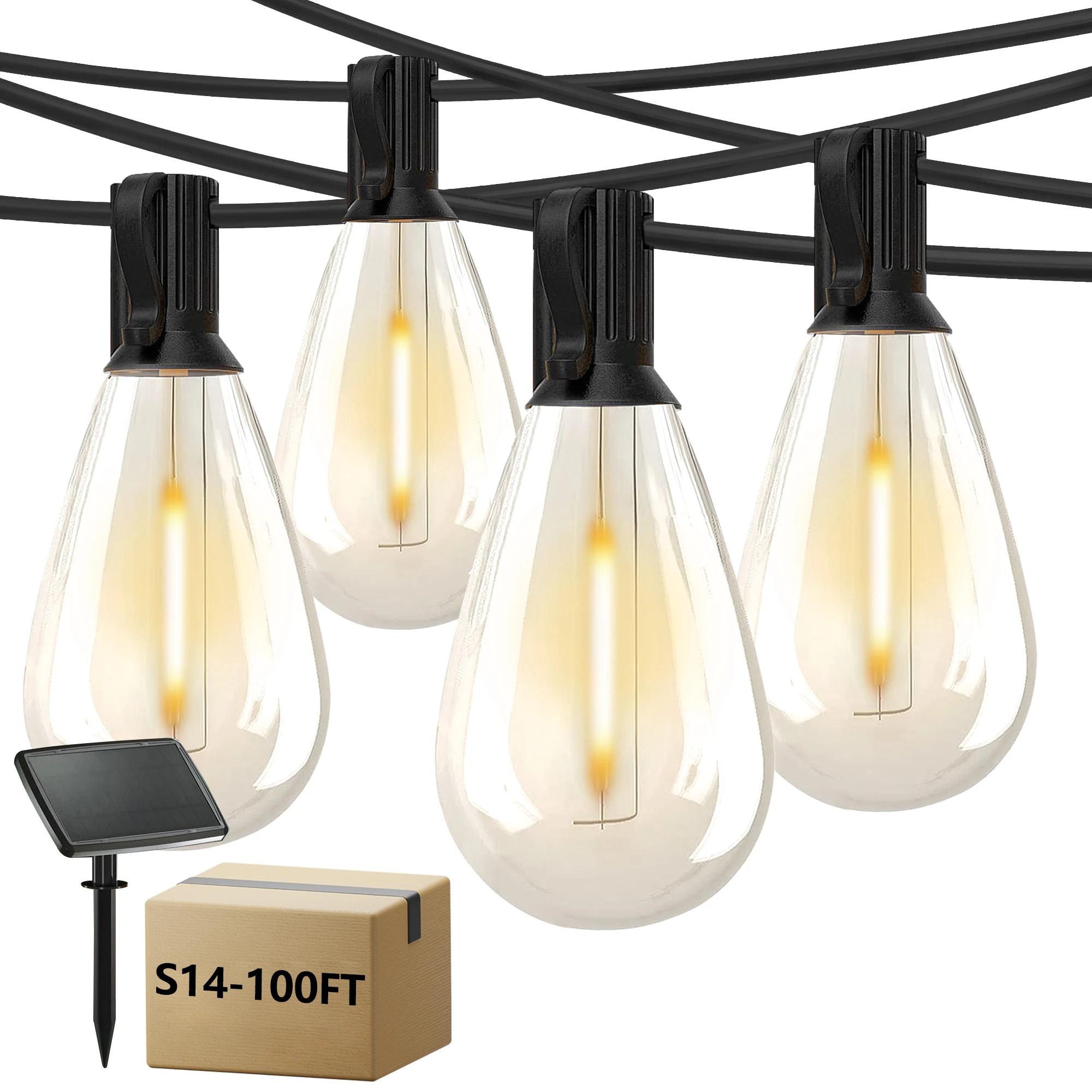 

100 Feet Solar Waterproof String Lights, 2700K Warm White Hanging Lights, 24 Anti-Shattering S14 E12 Bulbs for Courtyard, Backyard, Porch, Outdoor