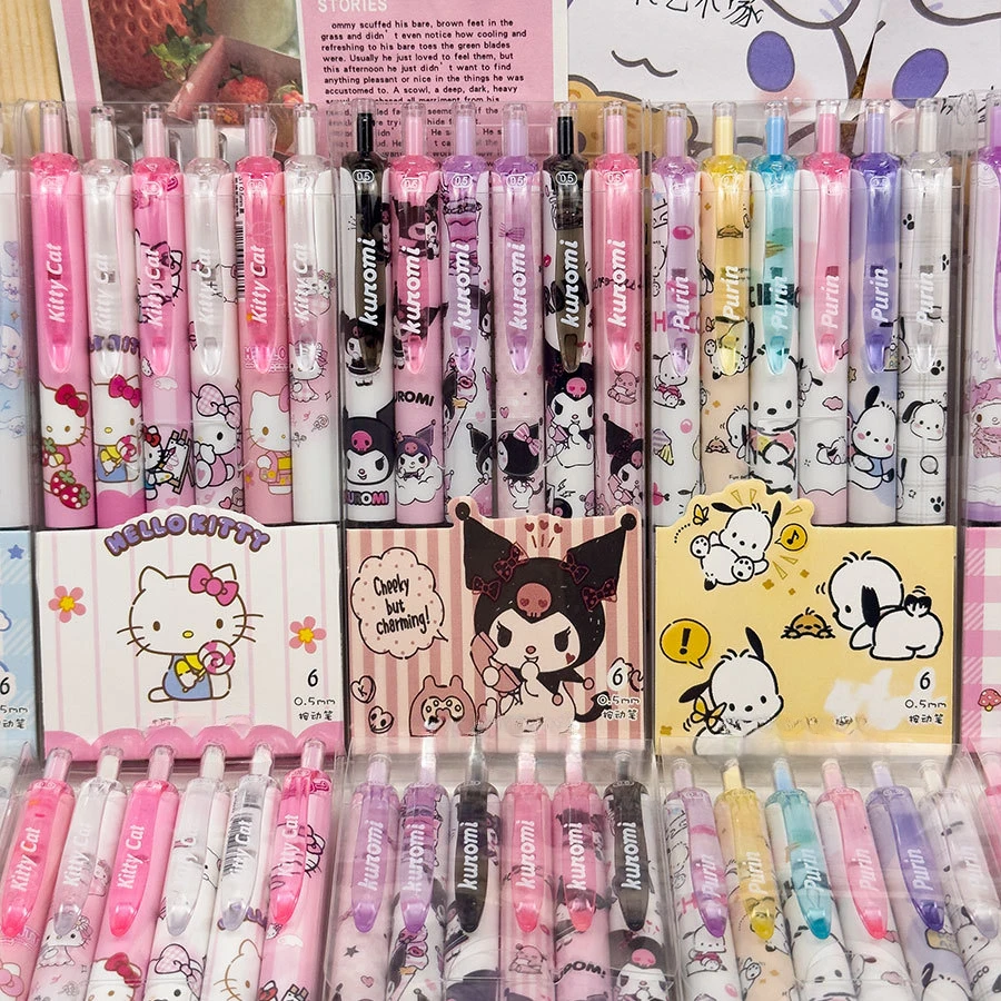 6 Stuks Sanrio Gel Pen Hello Kitty Cartoon Kuromi St Sneldrogend Zwart 0.5Mm Druk Op De Balpen Leren Briefpapier Geschenken