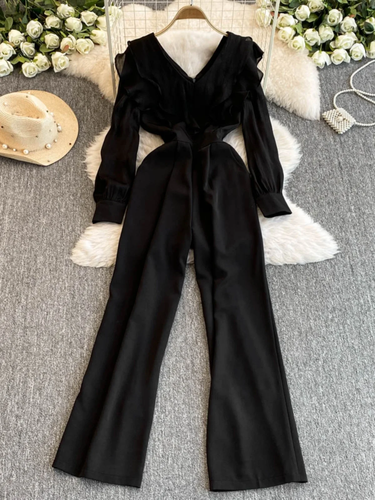 

Faionable V-ne Long Sve Wide Leg Jumpsuit Women's High Waist Slimming Straight Cut One-piece Autumn Wear Commute