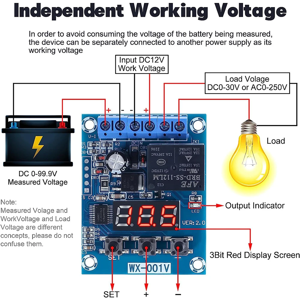 Battery Voltage Monitor Module Low Voltage Cut Off Charge Discharge Protection Board for 0-99V Lead Acid Li Battery Solar Panel