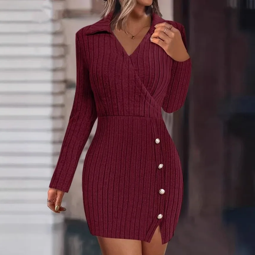 New women's autumn and winter fashionable temperament solid color V-neck tight fitting hip hugging long sleeved dress for women