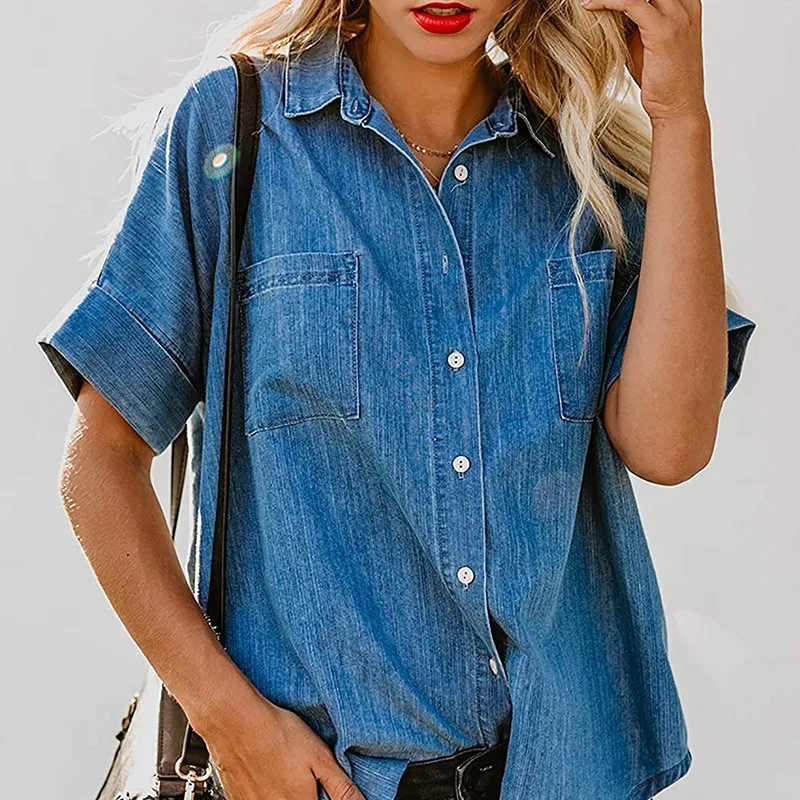 

Shirt Women Denim Top Washed Short Sleeve Turn Down Collar Single Breasted Pockets Streetwear Summer Female Overshirt 2025