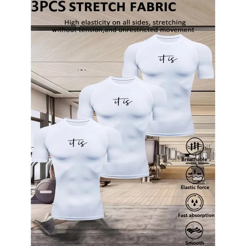 3PCS Men's Compression Quick-Drying High-Elasticity Short-Sleeve T-Shirt for Fitness and Outdoor Sports Moisture-Wicking