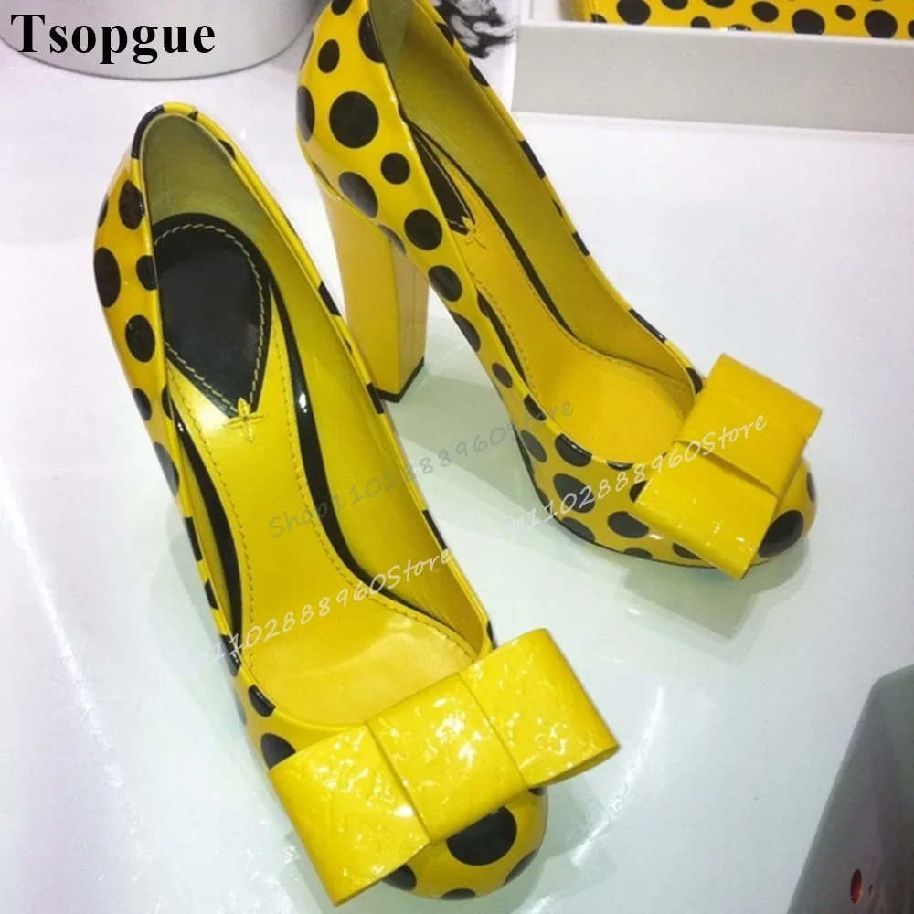 Elegante amarelo dot print bowknot bombas chunky sapatos de salto alto para mulher deslizamento no dedo do pé redondo 2025 moda zapatos para mujere