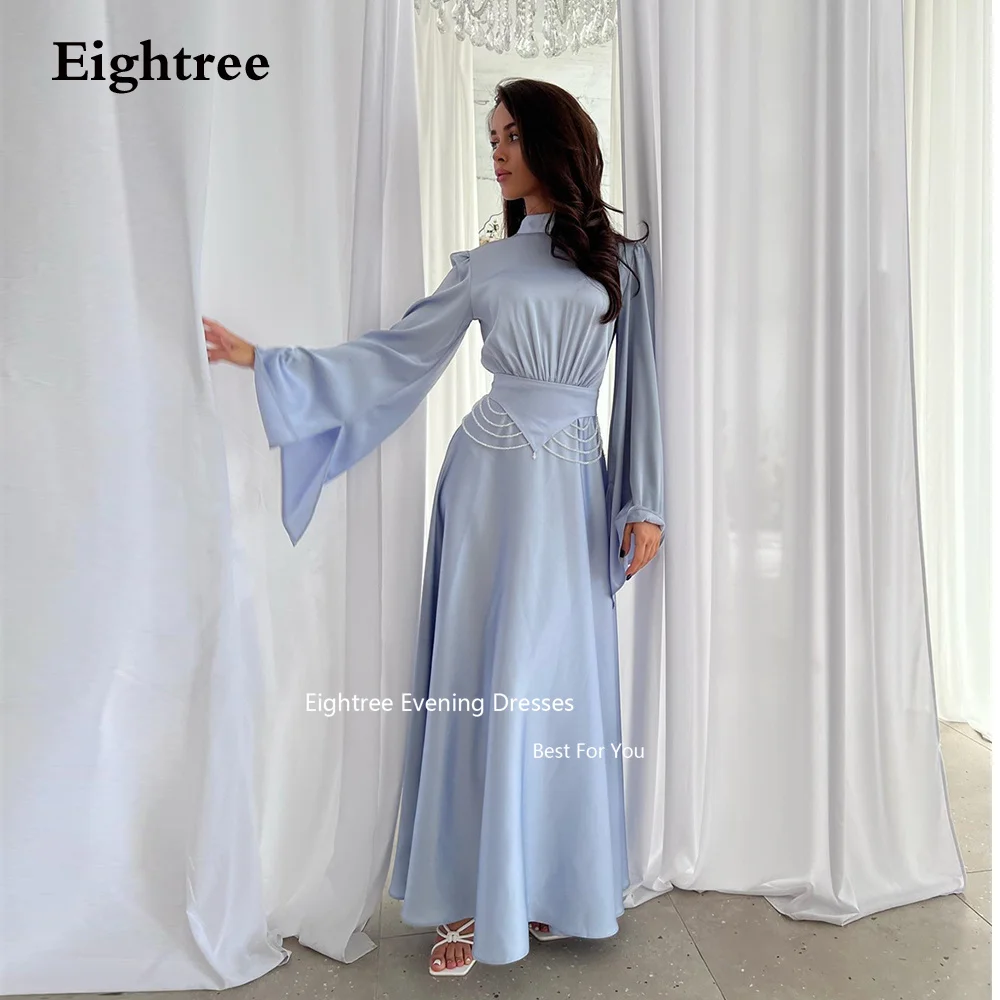 Eightree Long Formal Stain Evening Dresses Full Sleeves O Neck A Line Beadings Vestidos Prom 2023 Dresses For Special Events