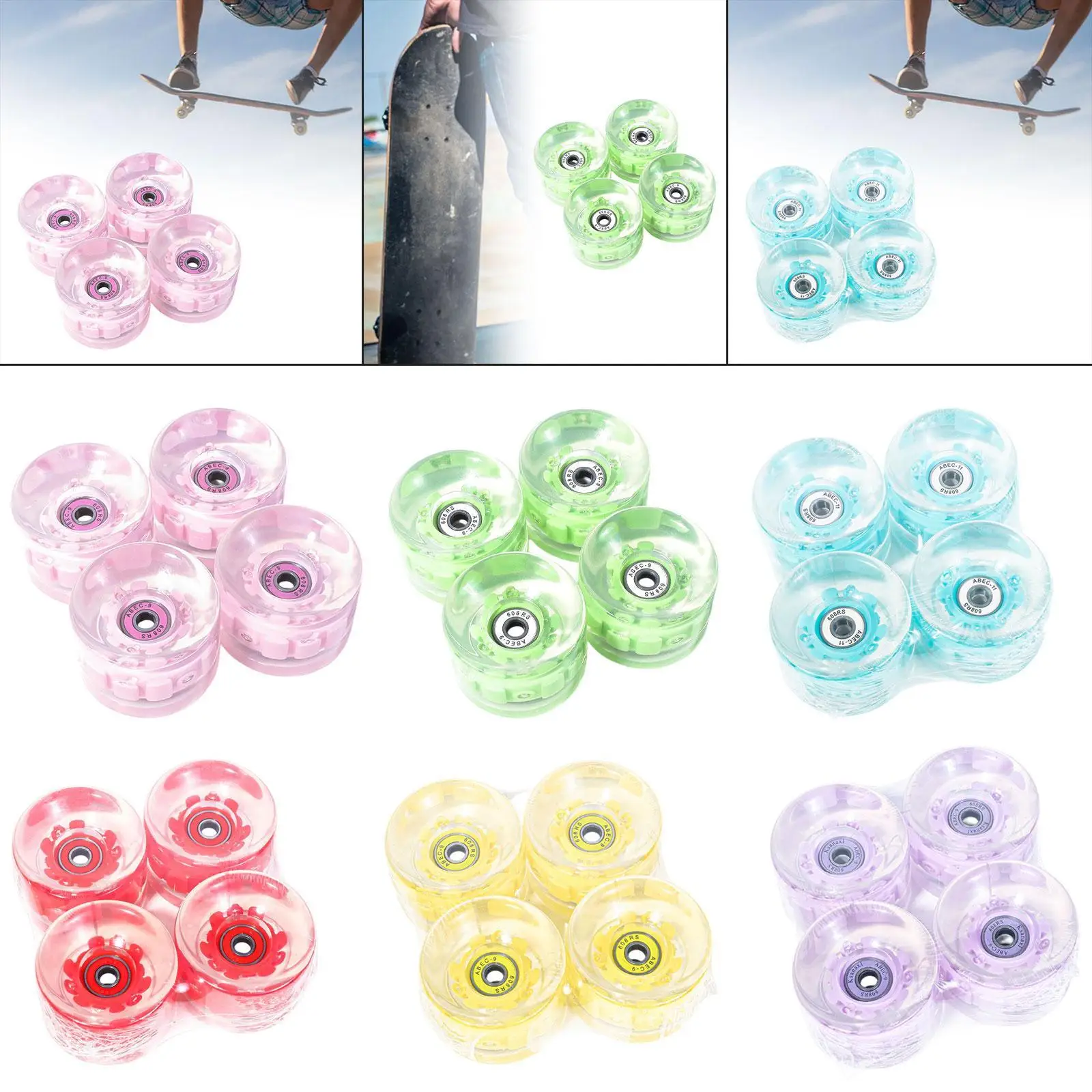 4x Skateboard Wheels with Abec-9 608RS Bearings Repair Parts Clear PU Luminous Smooth Flash Light up Longboard Wheels Rollers