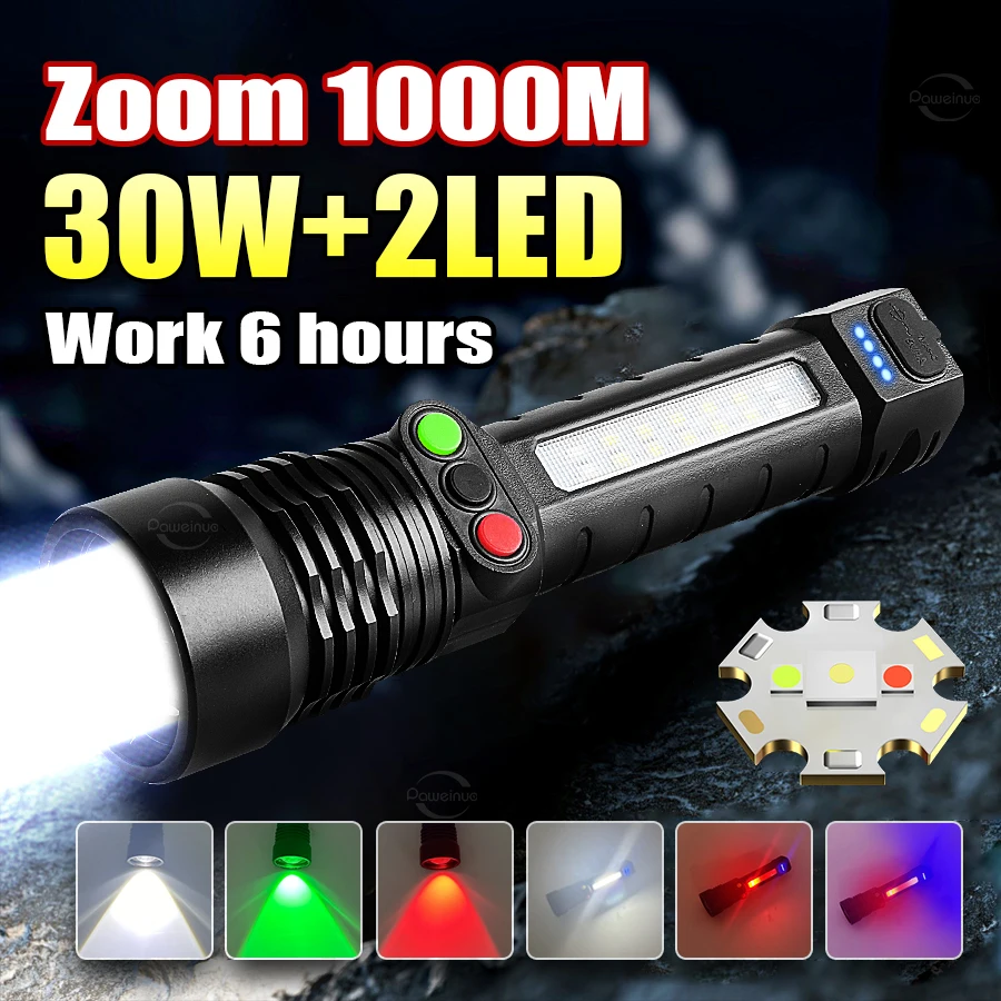 High Power Flashlight White/Red Green Light 3 Colors Multifunctional Rechargeable Zoom Flashlight Outdoor Camping Hunting Torch