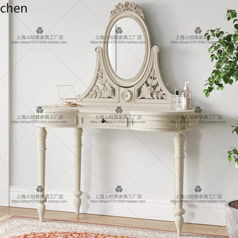 

HTT Country Solid Wood Carved Bedroom Dressing Table Modern Cream Style Small Apartment Simple Makeup Table