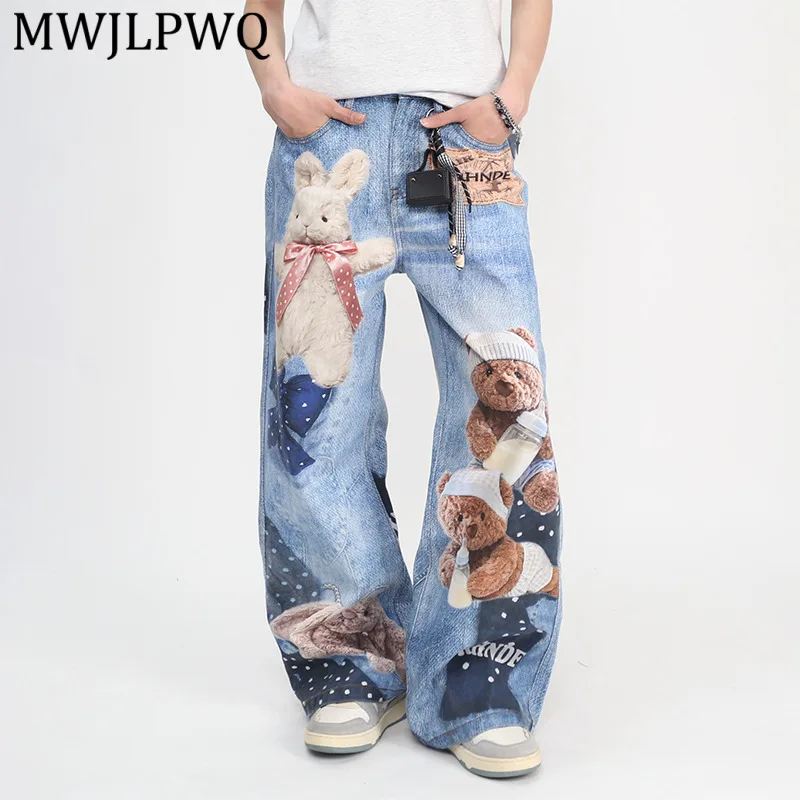 

MWJLPWQ American Retro Design Print Jeans For Men Trendy Straight Loose Wide Leg Pants Men's Street Style Denim Trousers 14973