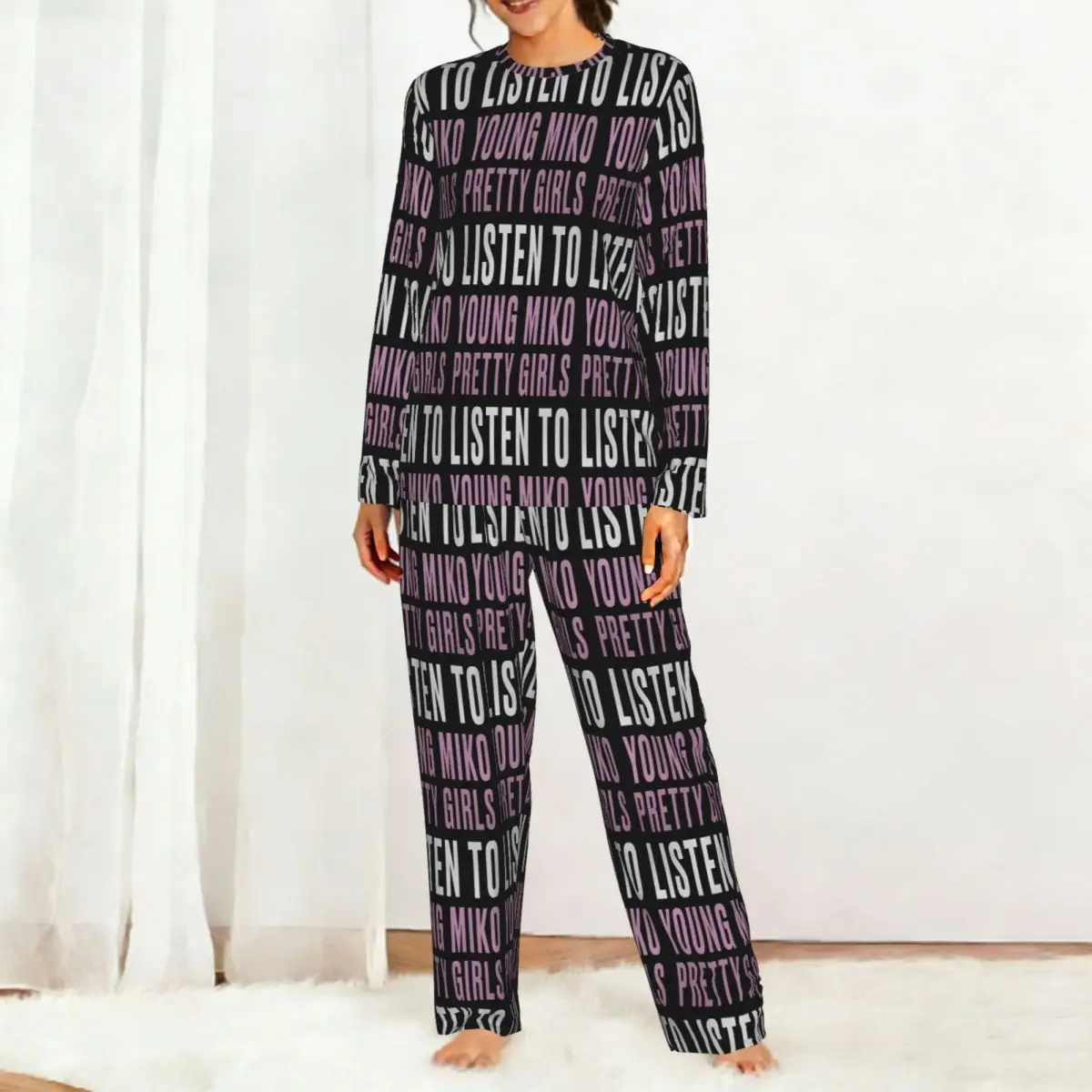 Young Miko Merch Round Neck Long Sleeve Nightgowns for Sleeping Sleepshirts Women Loose Pajama Set Long Pants
