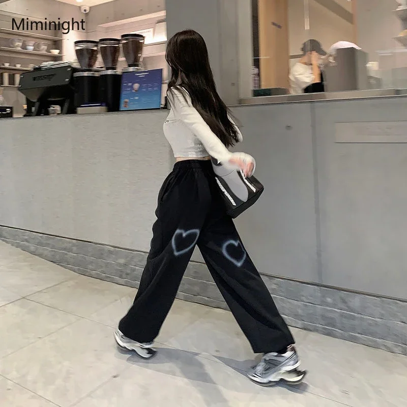 ผ้าฝ้ายเกาหลีStreetwear Hip Hop Heart Sweatpantsผู้หญิงOversizeหลวมสูงเอวBloomersแฟชั่นนักเรียนสบายๆY2kกางเกง