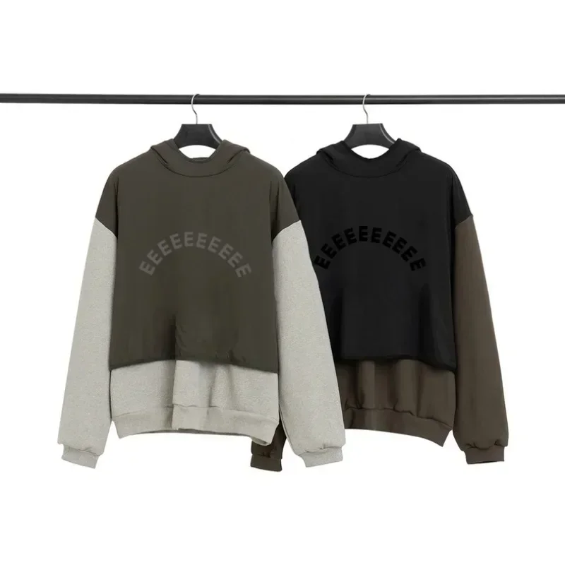 

24SS Luxury Brand Men's Oversized Hoodies Arch Two Rows Silicone Letter Logo Top Quality Splicing Two-layer High Street Hoodies