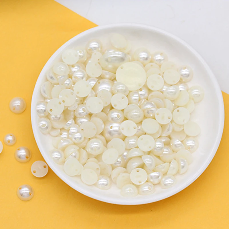 5-14mm Half Round Acrylic Ivory ABS Pearl Flatback Beads Double-hole Hand-sewn Beads for DIY Headwear/Nail Art /Phone Decor