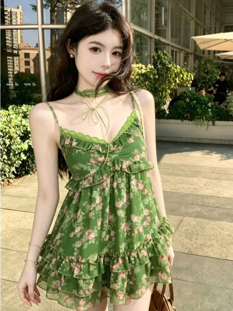 

Retro Style Women's Vest Pure Desire V-neck Floral Strap Mid-waist Breathable Knitted Top Sweet-and-Spicy Lace Trim Summer Ne...