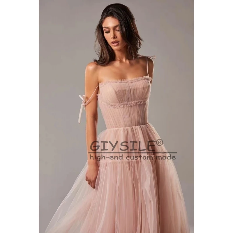 GIYSILE أحمر الخدود الوردي/الأزرق فساتين لحضور الحفلات الموسيقية الطويلة 2025 السباغيتي الأشرطة طبقات تنورة ألف خط فساتين الحفلات مطوي تول فساتين رسمية