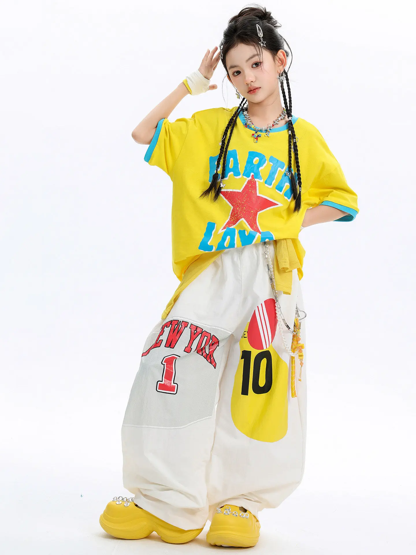 Girls Jazz Dance Performance Clothes Hiphop Loose Suit Yellow Short Sleeve Top Pants Street Dance Practice Costumes DQL12929