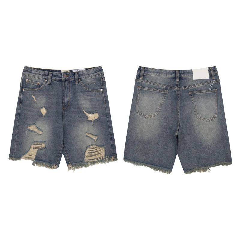 

Washed Denim Shorts Casual Loose Fit Tear Fringe Jeans mid Waist Straight Leg Cotton 100% Summer Season Everyday Wear