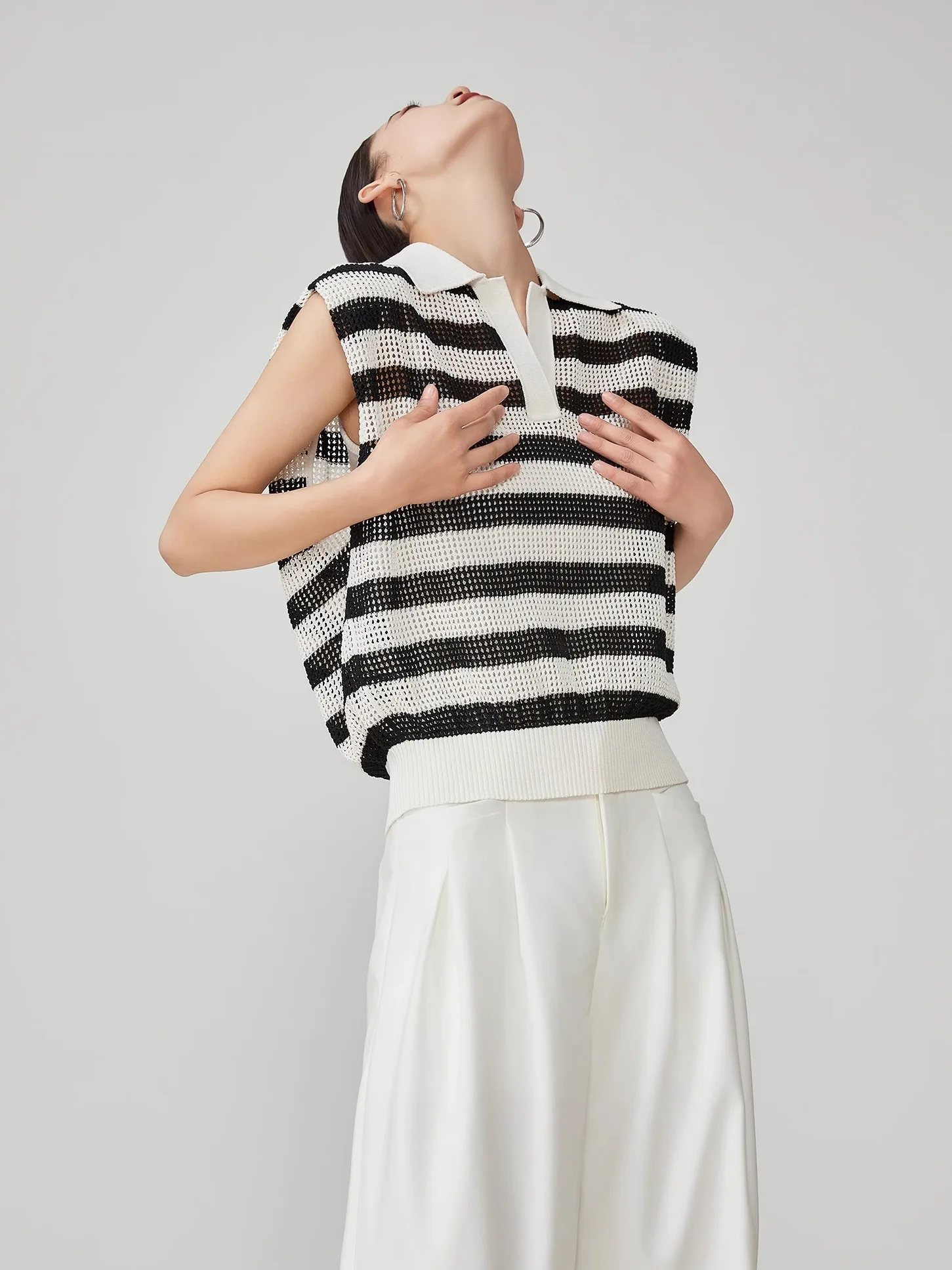 

Женский вязаный жилет Bla с полосками, ажурный, свободный крой, V-образный вырез, модный повседневный топ из полиэфирного волокна