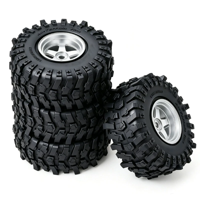 1/30 SCX30 Off Road Model Tire Set, 0.7 Inch Deep Service Minded Wheel Design, Silver Metal Wheel with Black Rubber A2UB