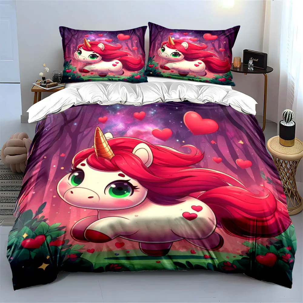 3pcs Cute unicorn in dreamy forest Duvet Cover Set with 3D Printing Design Soft Polyester Bedding Set All-Season Comfort