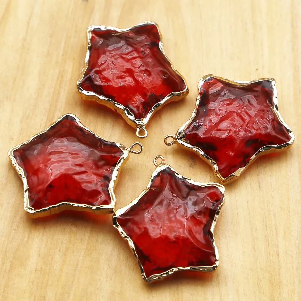 Natural Raw Ore Red Crystal Five Pointed Star Gold Eedged Necklace Pendant Mineral Healing DIY Jewelry Accessories Wholesale 8Pc