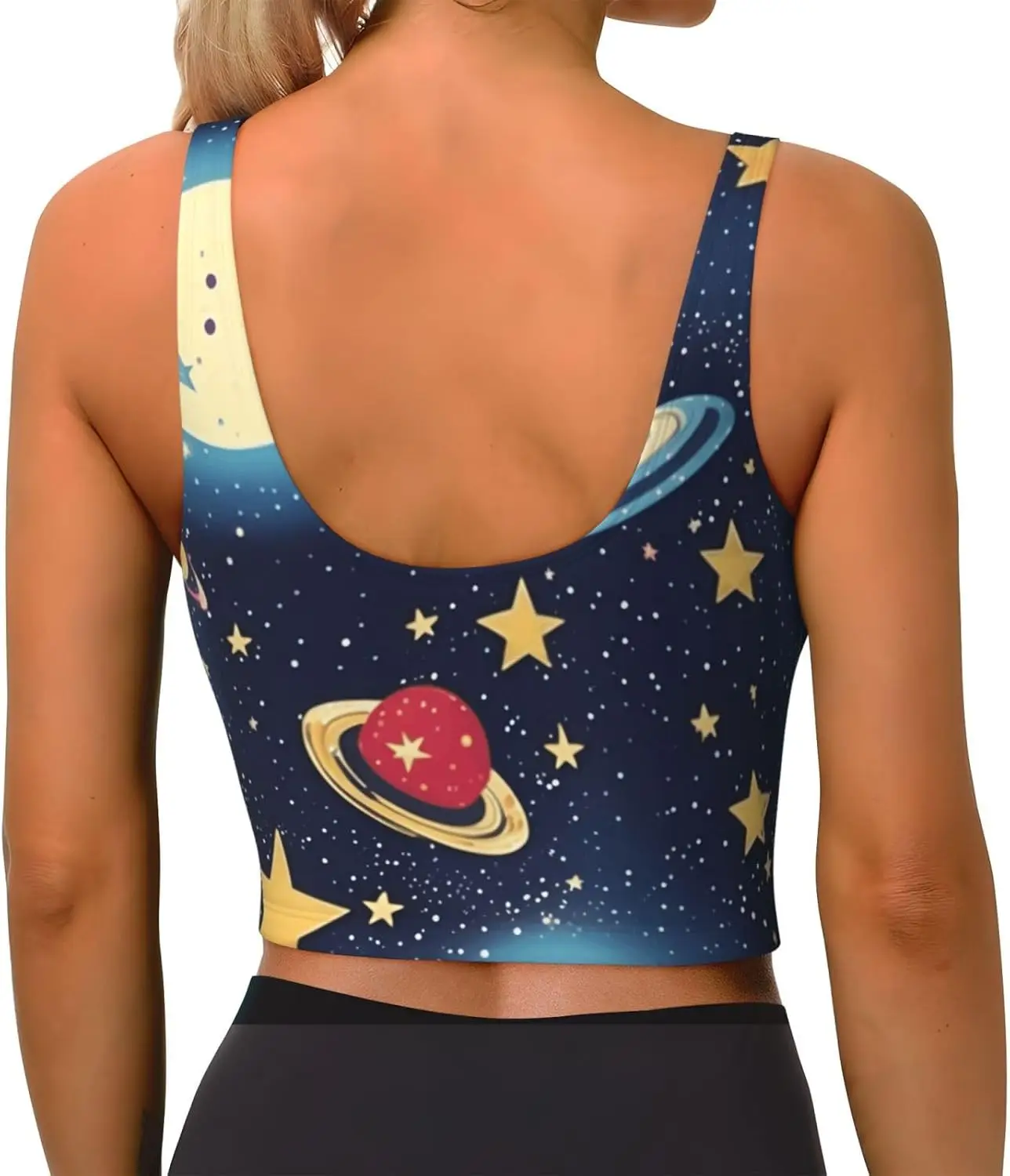 سترة رياضية بدون أكمام للسيدات بطباعة مساحة السماء المرصعة بالنجوم، سترة يوجا خفيفة الوزن مع حشوة قابلة للإزالة