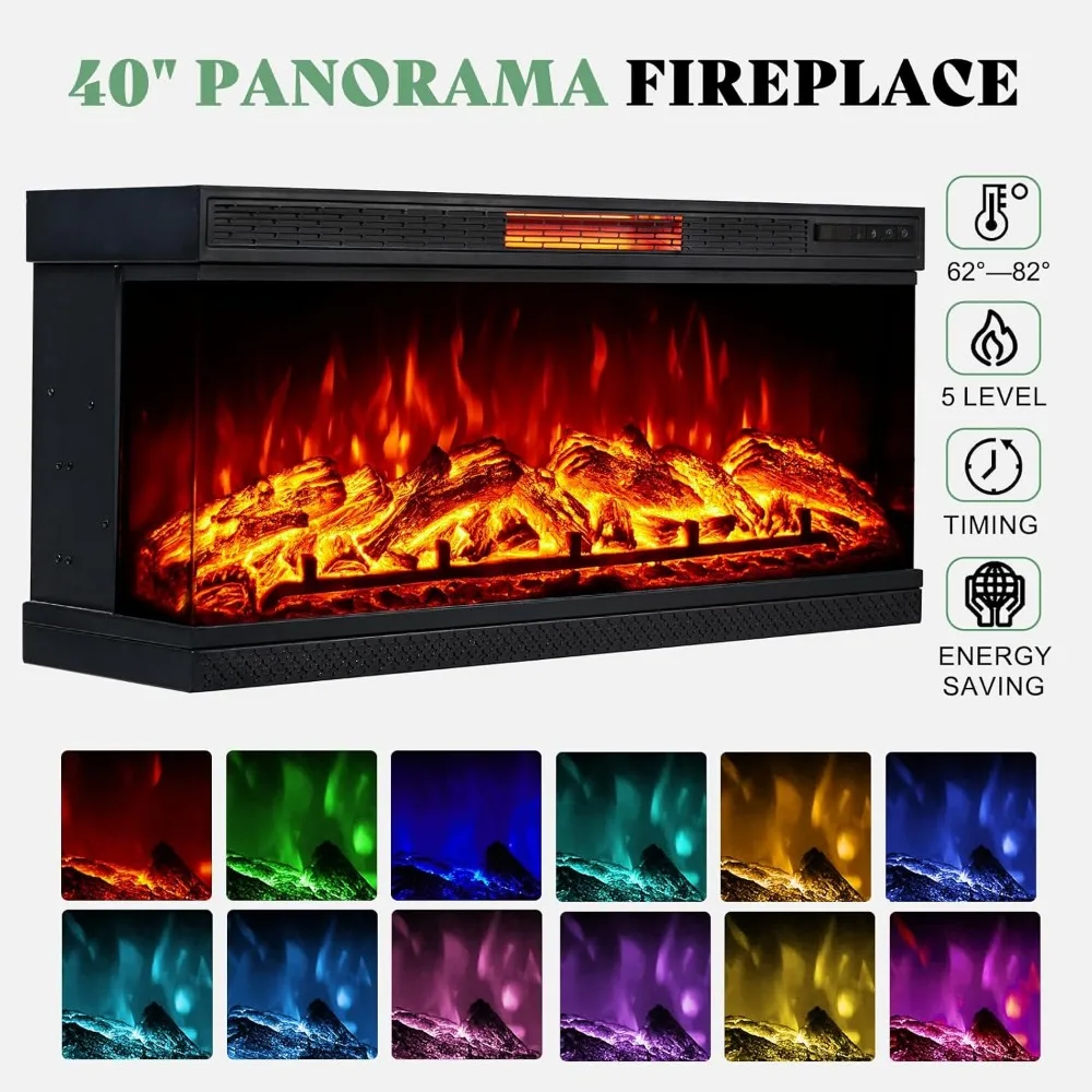 Soporte para TV con chimenea de vidrio de 3 caras de 75 pulgadas para televisores de hasta 85", mesa consola central de entretenimiento multimedia rústica