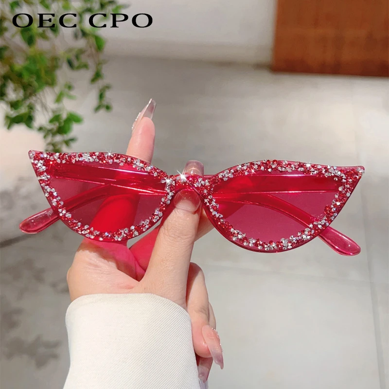 

OEC CPO Sexy Shiny Cat Eye Sunglasses Women Fashion Rhinestone Ocean Color Shades UV400 Sun Glasses Female Frameless Eyewear