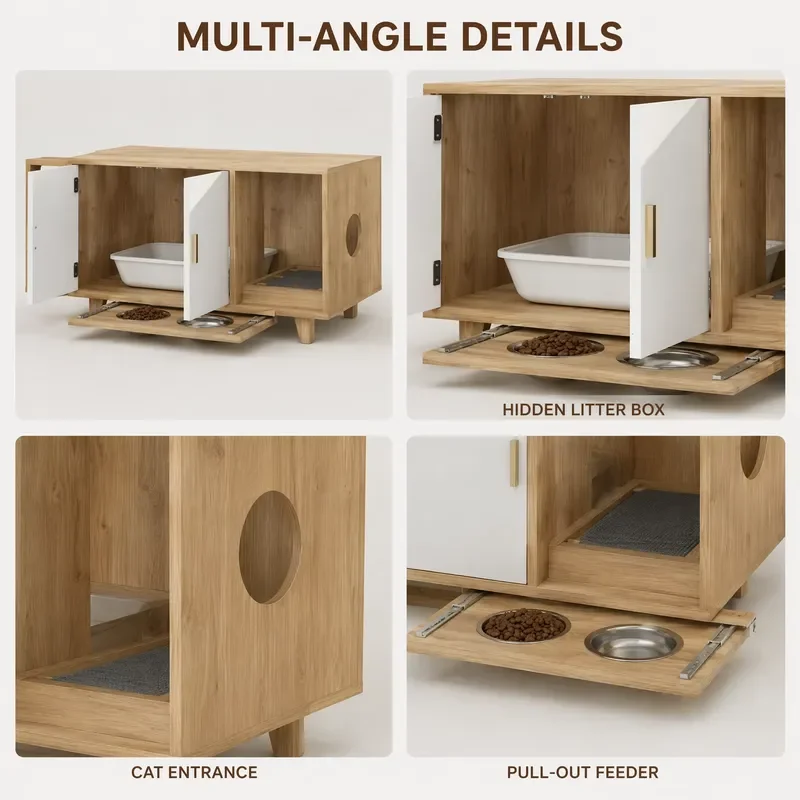 for Wooden Pet Cabinet Indoor Cat Dog Bed Furniture with Feeder Station Modern End Table Sideboard for Small Pets House with