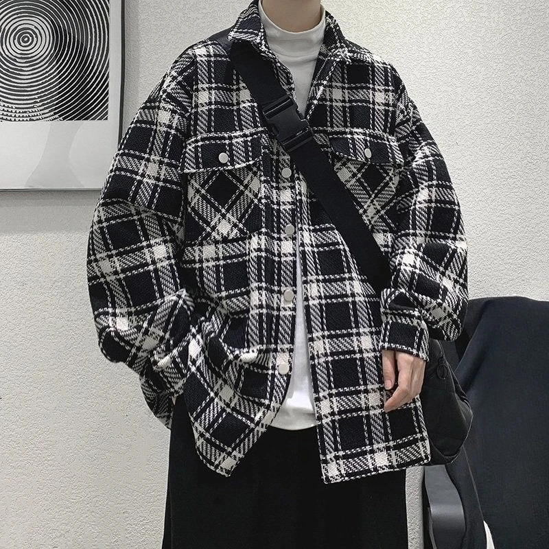 

Men's Loose Checkered Wool Coat Spring Autumn Hong Kong Style Ins Casual Jacket Korean Mix and Match Outerwear