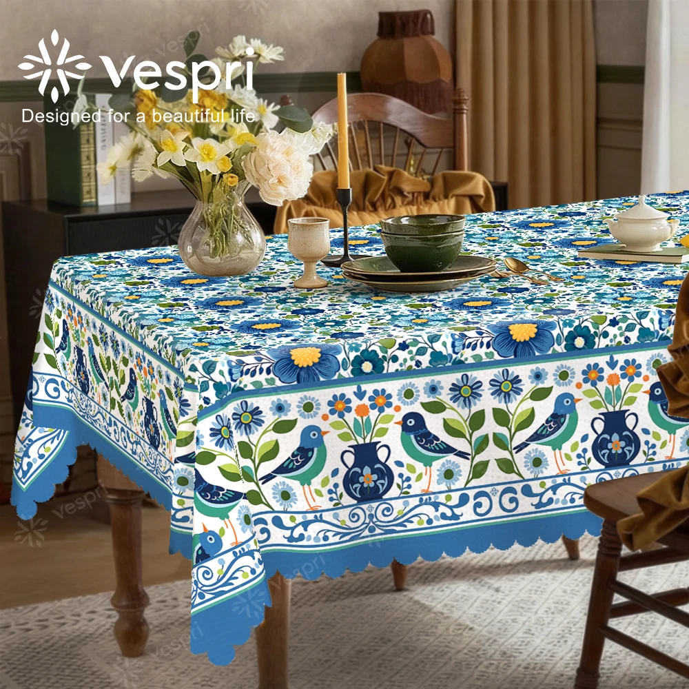 Vespri Frühlingstischdecke Blumenmuster Ostern Blau Weiße Blumen Vögel Vasen Rund Rechteckig Oval Polyester für Partys Feste