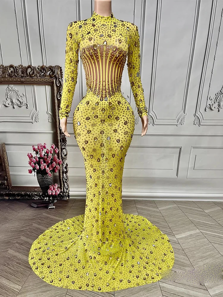 고품질 라인스톤 스팽글 섹시 탄성 메쉬 드레스 2025 신상 맞춤 여성 의류