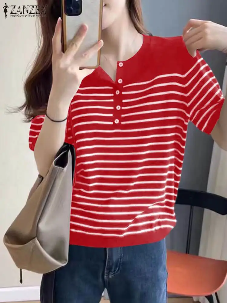 ZANZEA Summer Knitting Short Sleeve Tunic Korean Casual Stripes T-shirt Women Loose Half Buttons Tees 2024 All-match Baggy Tops