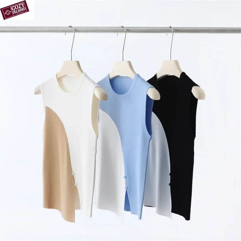 Summer Knitwear Vest Women Tanks Tops Sleeveless Women Viscose Patchwork Camis Crew Neck Slim Stitching Spring Designer Clothing