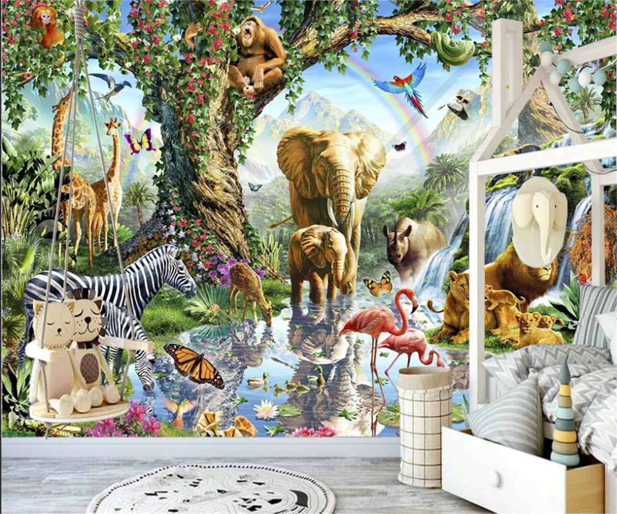 Custom Wallpaper Kids Mural abstract tropical rainforest animal zebra flamingo Background Wall Home Decor 3d wallpaper