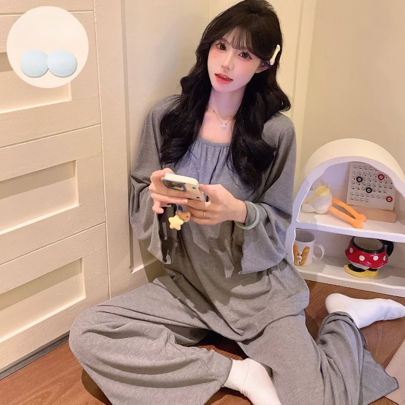 

Korean Style Pure Color Long Sleeve Sleepwear Women's Loose Comfortable Home Clothes Set Spring Autumn New Style Student Home