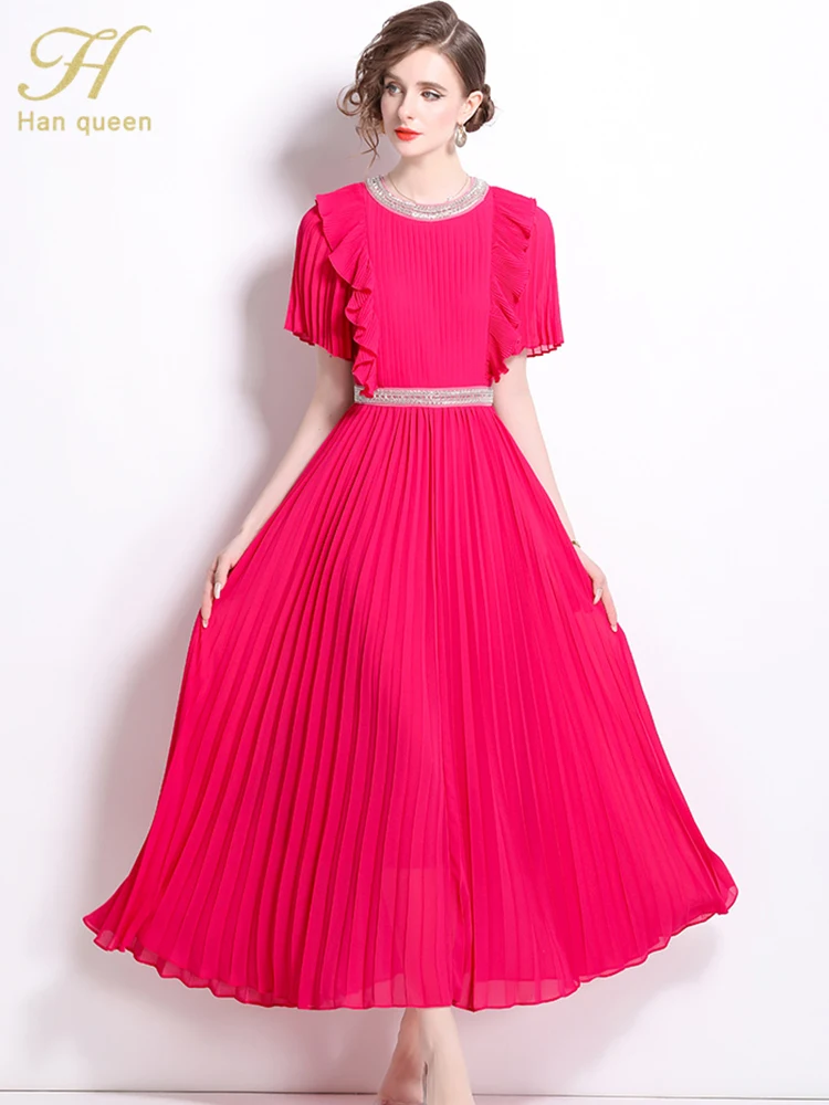 

H Han Queen 2025 Summer Dresses Women French Style Elegant Short Sleeve Chiffon Pleated Holiday Beach Maxi Dress Woman Clothing