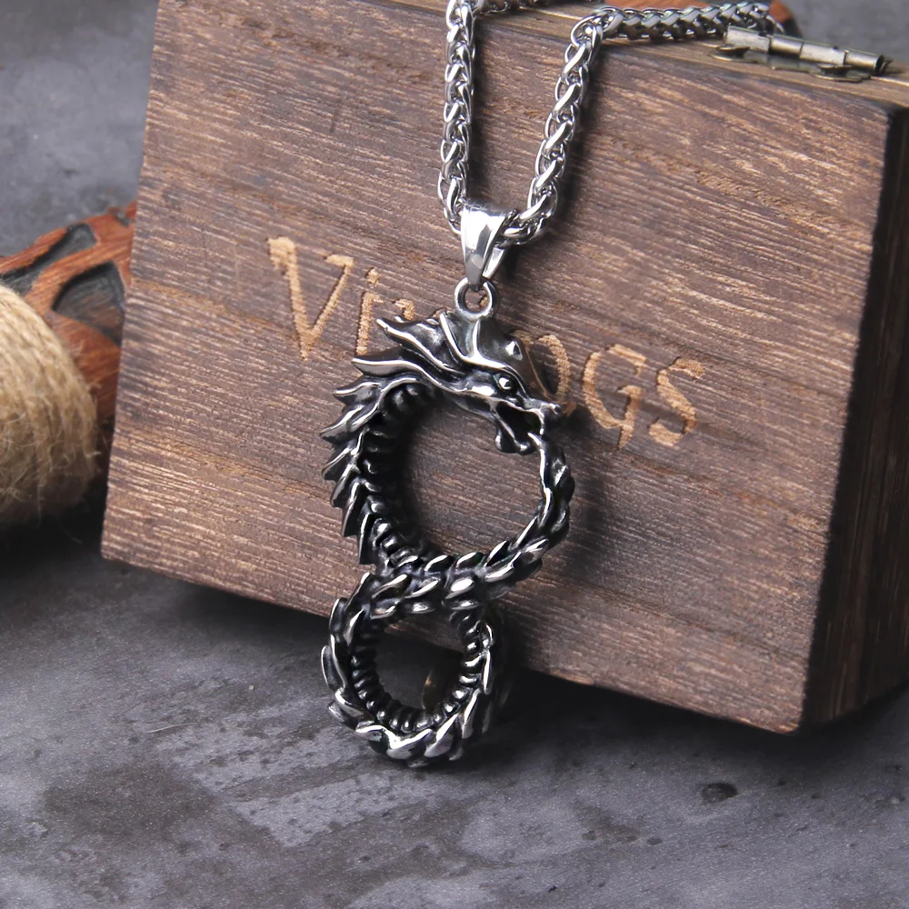 Never Fade Norse dragon snake Unlimited Self-devourer  Ouroboros pendant necklace with wooden box as gift