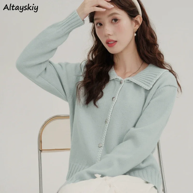 

Solid Crop Cardigan Women Turn-down Collar All-match Elegant Tender Sweet Knitted Jumpers Ulzzang Aesthetic Vintage Fashion 2024