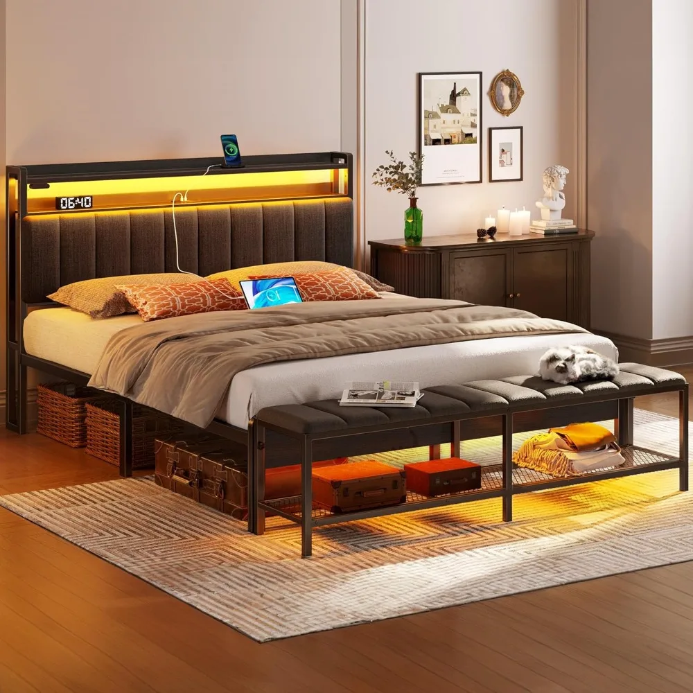 

Full Bed Frame with Charging Station & LED Lights, Upholstered Headboard with Storage Shelves, Heavy Duty Metal Slats, Bed Frame