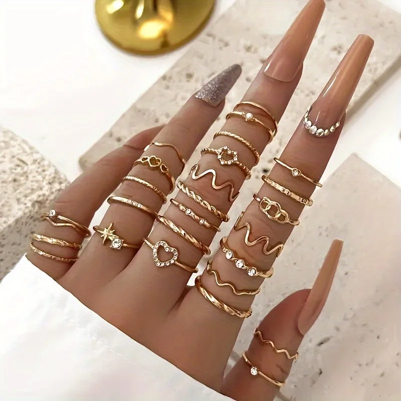 Juego de 28 Uds de delicados anillos dorados, joyería de aleación de Zinc, estilo Sexy elegante para mujer, anillo apilable de verano