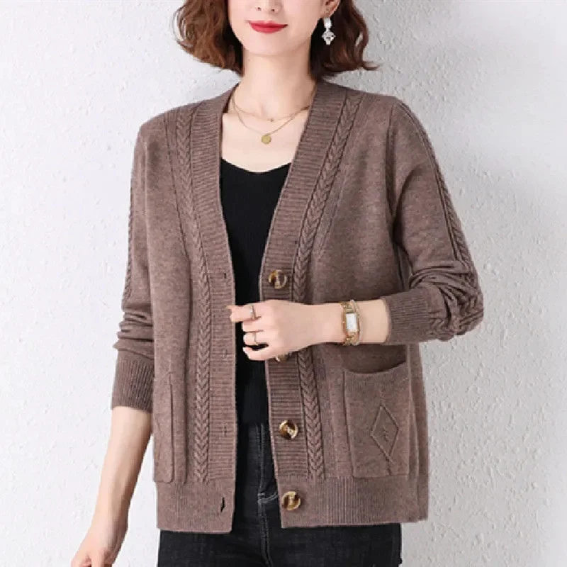 

High-Quality Sweater Women's Knitwear Coat V-Neck Spring Autumn 2025New Woolen Jacket Fashion Joker Cashmere Cardigan Top Female